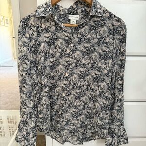 Club Monaco Blue Grey and White Silk Blouse